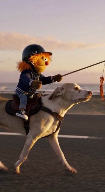 A muppet rides a small dog down a great highway.