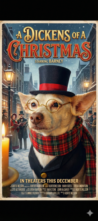 A movie poster with my dog as Scrooge.