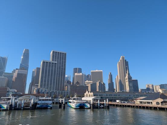 View of the ferry building from a ferry