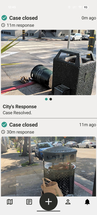 Screenshot of the SolveSF app, two overflowing can requests resolved in under a half hour.