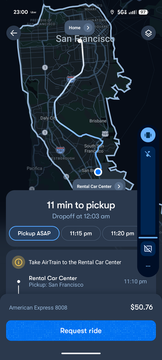 The quote from the Waymo app for SFO to Lower Haight.