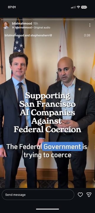 Screenshot of Bilall with the caption of "supporting San Francisco AI companies against federal coercion"