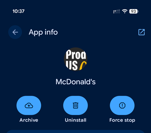 The McDonald's app on Android having the icon say "prod US"