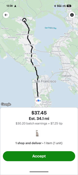 Instacart run paying $37 to bring a cat tower from a Petsmart in Daly City to downtown Napa.