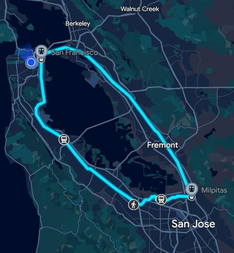 Google maps activity around the whole bay via train.